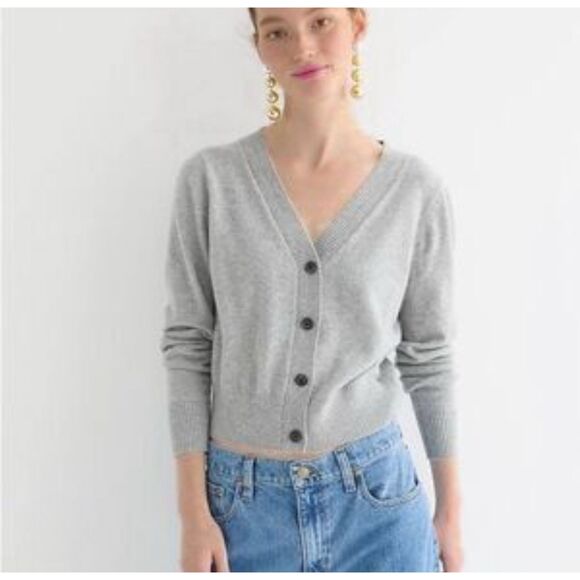 J.Crew 100% Cashmere Grey Cropped V-Neck Cardigan, Quiet Luxury, Old Money, Sz M - Picture 2 of 11